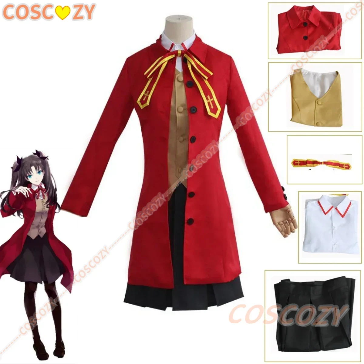 Anime Game Fate/stay Night Tohsaka Rin Cosplay Costume Wig Red Devil Wig Long Coat School Uniform Skirt Woman Kawaii Campus Suit