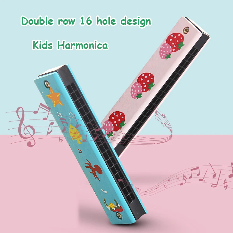 Harmonica cromática de madeira para crianças, 16 buracos, instrumento de sopro musical, mini desenhos animados, tom C, blues, brinquedos para crianças