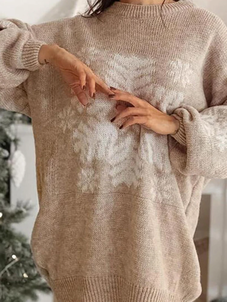 

Snowflake Pattern Long Sleeved Loose Sweater Autumn Winter Women O-neck Casual Sweater Christmas Fashion Knitted Pullover Tops