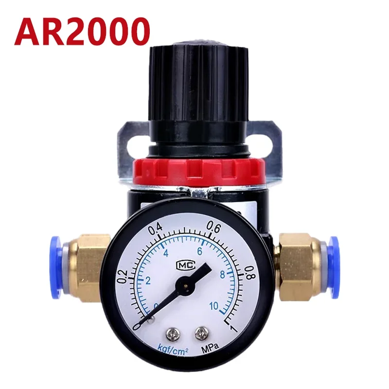 AR2000 G1/4\'\' Pneumatic Mini Air Pressure Relief Control Compressor Regulator Treatment Units Valve with Gauge 4MM-12MM Fitting