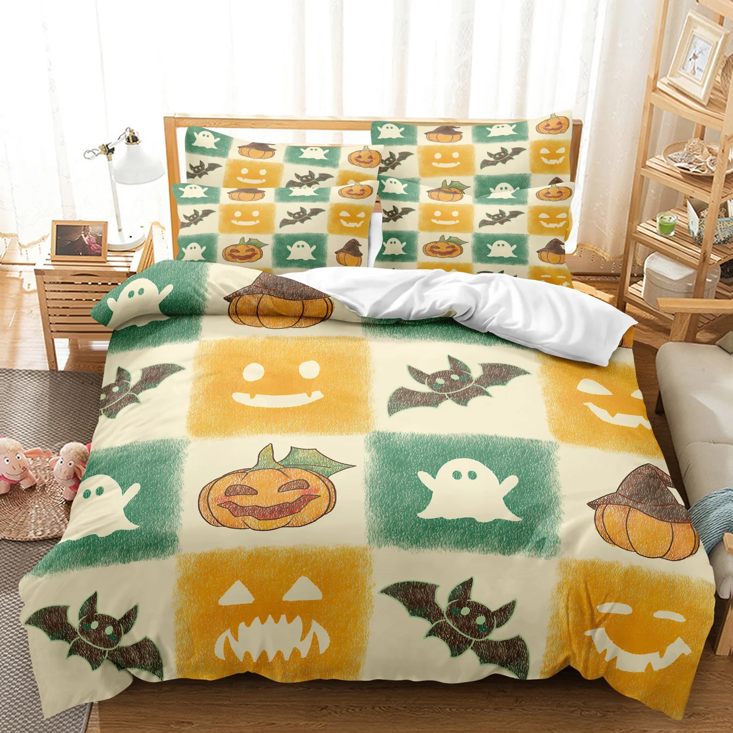 3 Pieces Retro Cute Halloween Print Duvet Cover Set, Green Yellow Checkered Grid Pumpkin Ghost Bat Fall Pattern Bedding