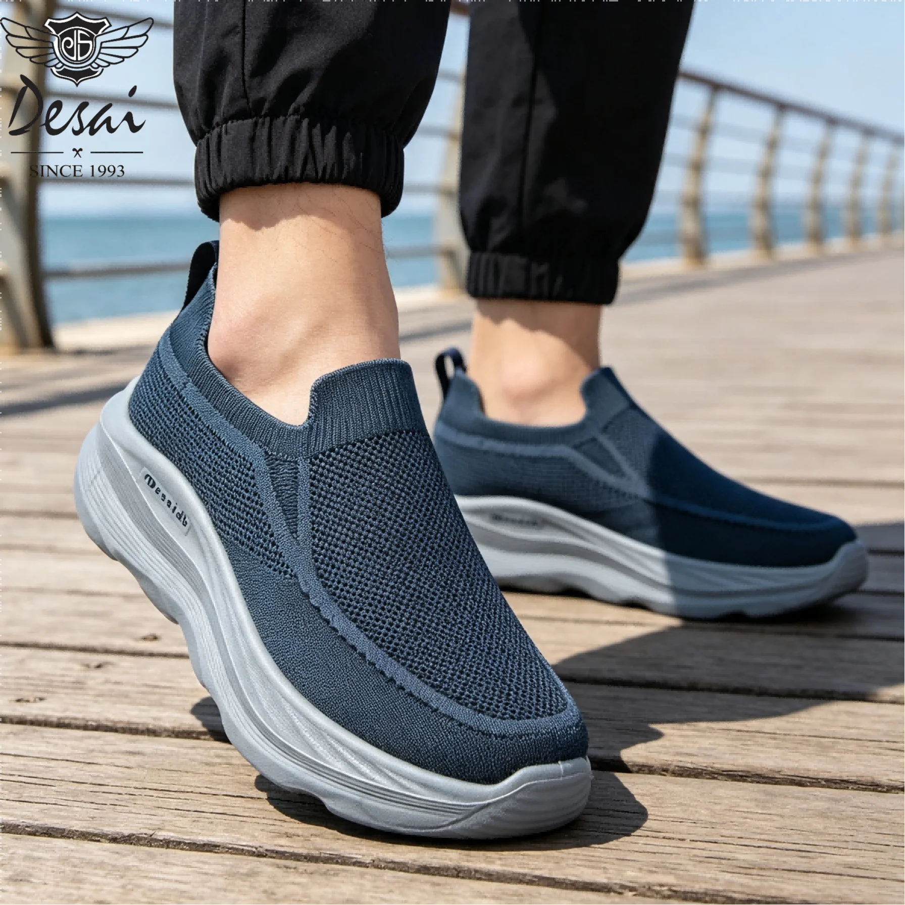 Desai Men Autumn Charcoal Knit Slip-On Walking Shoes, Moc Toe Mesh Sock Sneakers, Thick Cushion Non-Slip Sole Lightweight Autumn