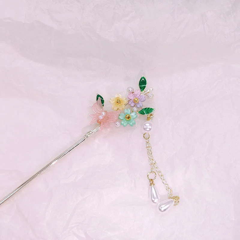 

New Chinese-style hair accessories: colorful small flower butterfly tassel hairpins, women's updo hairpins, and step hairpins