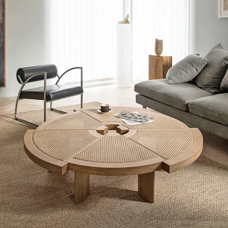 Solid wood rattan coffee table, living room home parquet log homestay round table