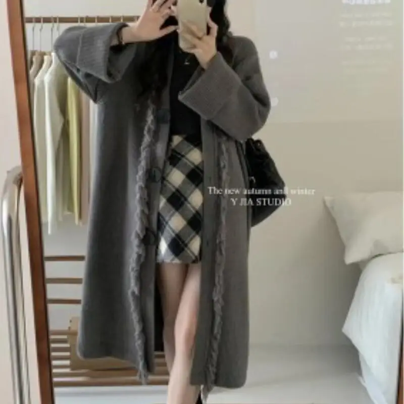 

Newautumn Winter Plussize Women Loose Casual Long Over Knee Knitted Cardiganfor Lazy Style Fashion Versatile Large Sweaterjacket