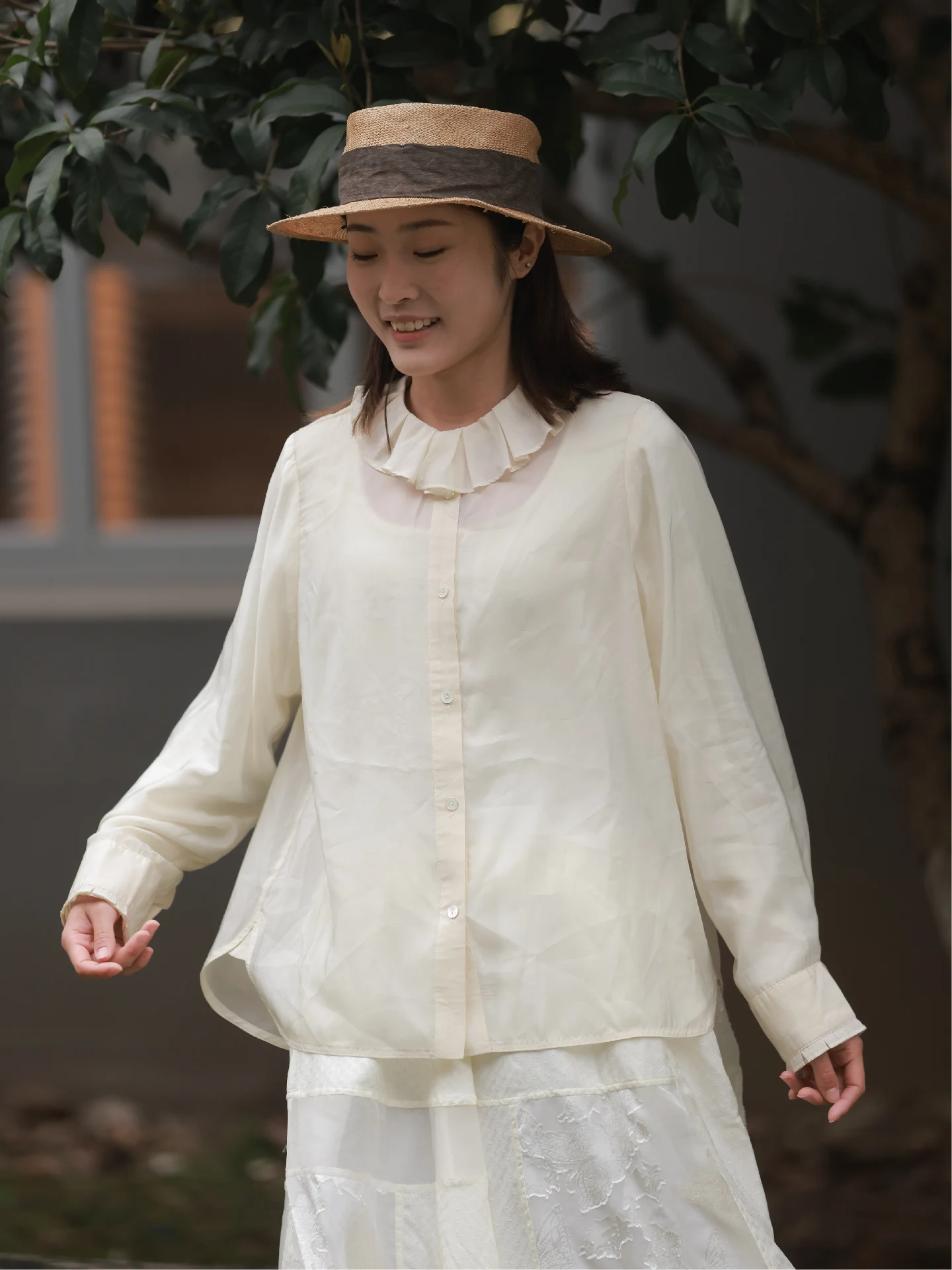 

Cloud Comfort Fairy Atmosphere Shirt Spring Summer New Arrival Layered Lace Collar Loose Fit Long Sleeve Copper Ammonia Fiber