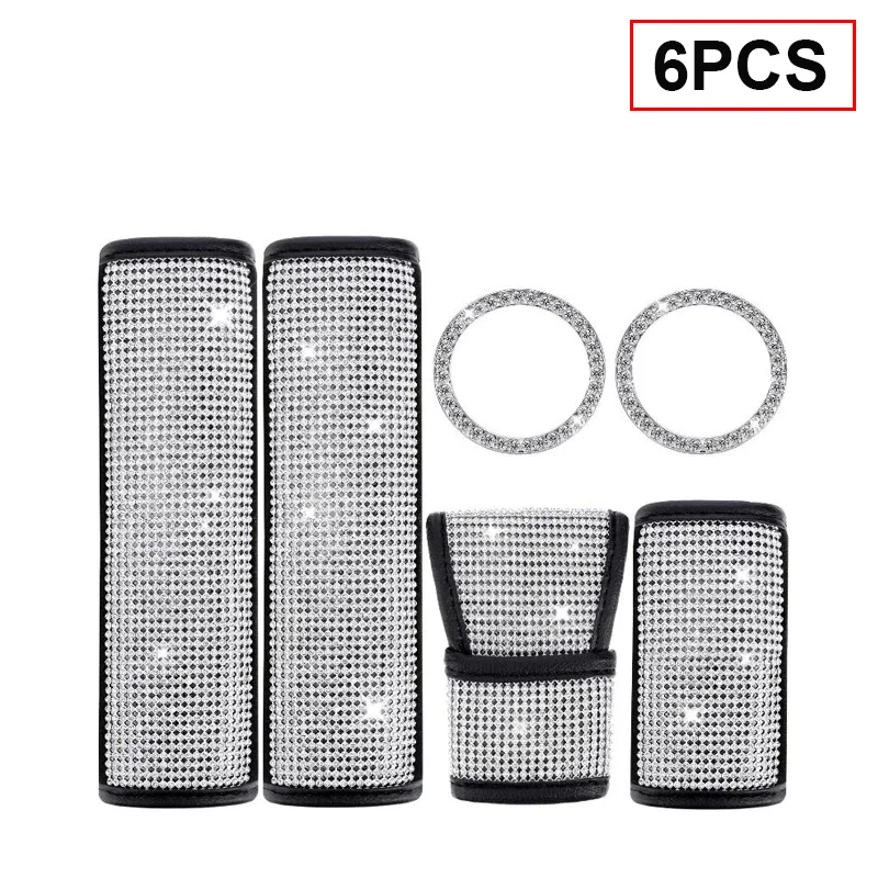 6PCS Bling Rhinestones Seat Belt Shoulder Pads Shift Gear Cover Handbrake Cover Ring Emblem Stickers Crystal Diamond Decoration