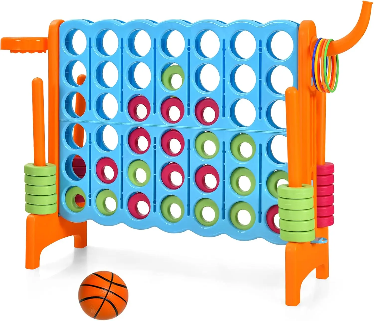 4-in-A-Row, Jumbo 4-to-Score Giant Game w/Basketball Hoop, Ring Toss, 42 Jumbo Rings without carrying bag Connect Game for Kids