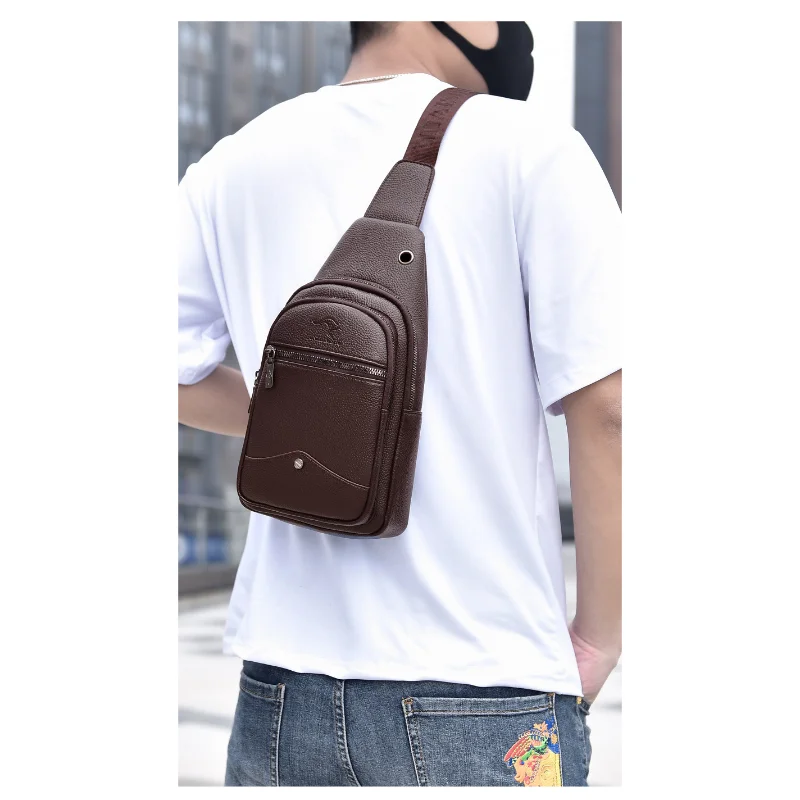 Kangaroo Men Leather Chest Bag Luxury Sling Crossbody Bag Vintage Messenger Shoulder Bag For Travel Daily, Black Brown