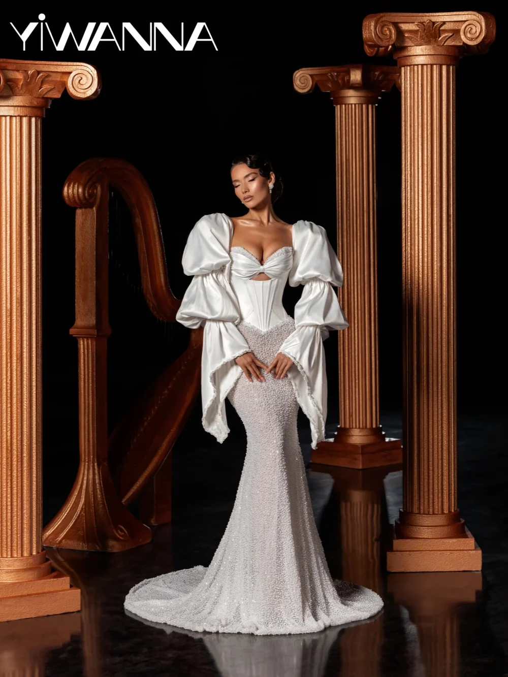 

New Arrival Dreamy Pearls Wedding Dress With Sculpted Corset Bodice Puffed Satin Sleeve Bridal Gown Customized Dresses For Bride