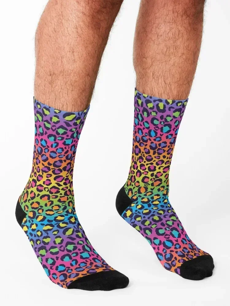 Bright Rainbow Ombre Gradient Leopard Print Pattern Socks funny gift happy man Socks Female Men's