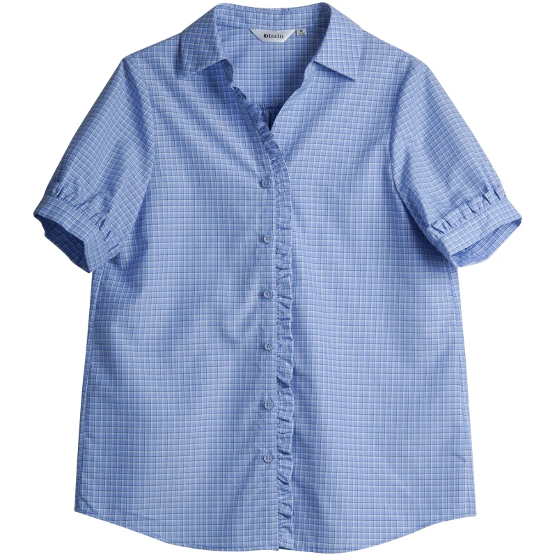 OLrain Blue Women's Casual Plaid Shirt 2026 Summer Ruffle Trim Spliced Commuter Versatile Loose Short Sleeve Blouse O58XC005828 view 6