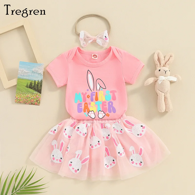 

Tregren 0-18M Infant Baby Girls Easter Outfits Short Sleeve Rompers and Sequin Bunny Print Tulle Skirt Headband Summer Clothes