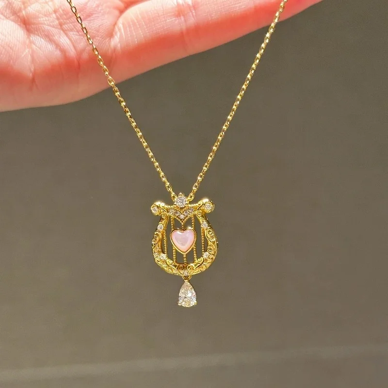 

French Fashion Love Pink Crystal Water Drop Pendant Necklace for Women 2025 New Stainless Steel Necklace Jewelry Accessories