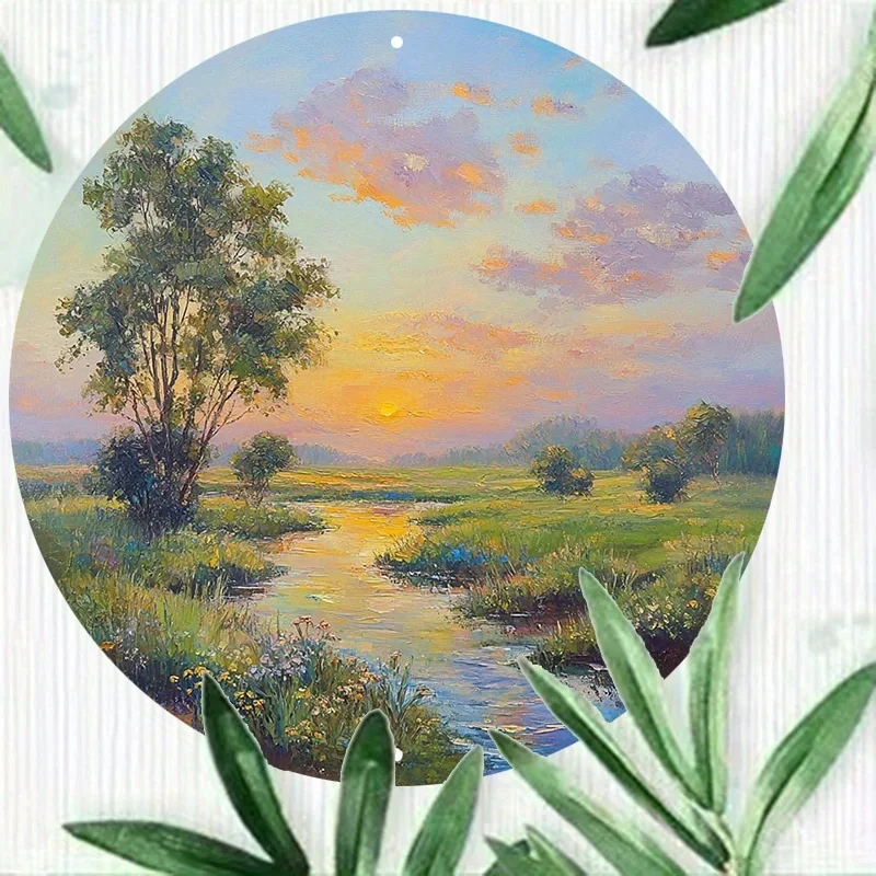 Rural Sunset River View Metal Wall Art Sign - 8x8inch (20X 20cm) Round 2D Flat Aluminum Vintage Farmhouse Decor, Featuring a Tranquil Scene