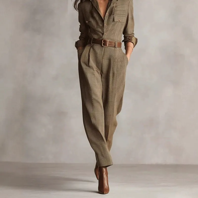 بدلة قفز نسائية كلاسيكية كلاسيكية منقوشة لخريف 2025 بدلة قفز عصرية غير رسمية بأكمام طويلة ملابس نسائية للمكتب