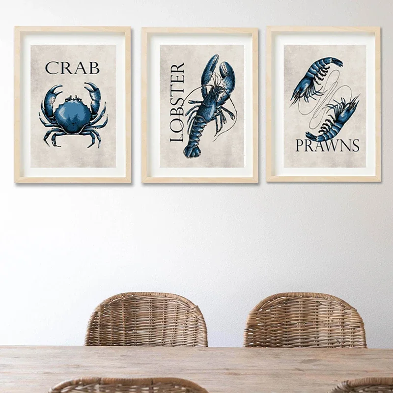 Blue Crab Lobster Prawns Seafood Poster Canvas Painting Modern Seafood Wall Art Picture for Room Home Coastal Kitchen Decor