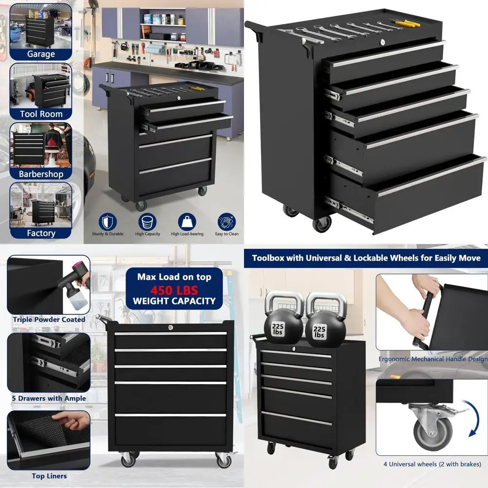 

Мобильный шкаф для инструментов с 5 ящиками, съемной столешницей, запираемым ящиком и хранилищем для мастерской на колесах.