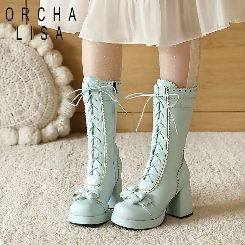 ORCHA LISA  Girls Blue Calf Length Boots Almond Toe 9.5cm Cuban Heel 2.5cm Flatform Side Zip Wide Size 46 47 48 Night Out