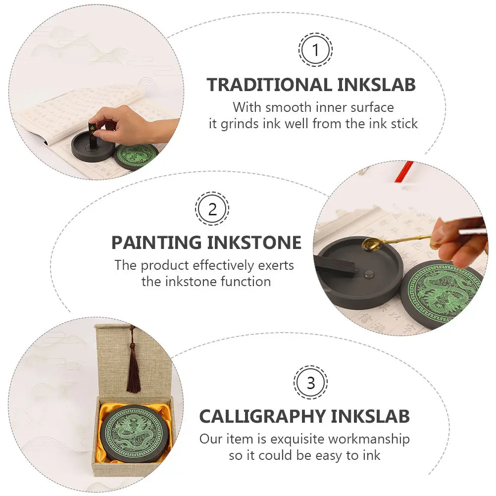 1Set 4 Inch Premium Calligraphy Inkstone Set Smooth Inner Surface Engraved Design Dustproof Lid for Sumi Painting Students