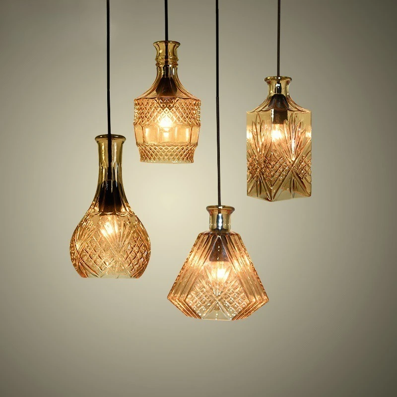 

Nordic Restaurant Bar Three-headed Wine Bottle Glass Small Lamp Simple Creative Café Indoor Corridor Single-head Pendant Light