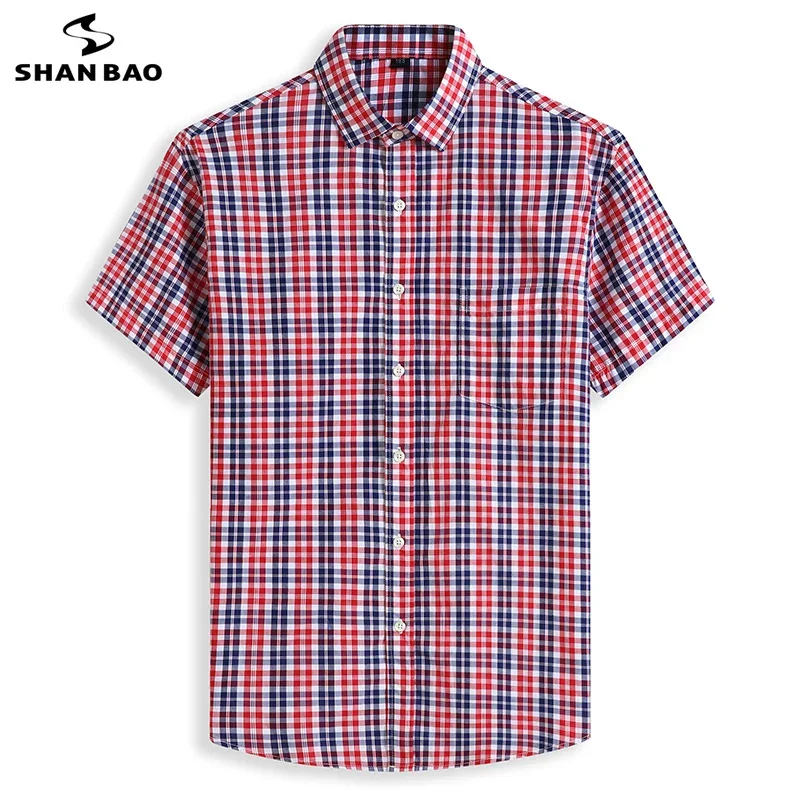 SHAN BAO Large Size Loose Cotton Short Sleeve Shirt 2022 Summer Classic Brand Men\'s Plaid Shirt Red Blue 5XL 6XL 7XL 8XL 10XL