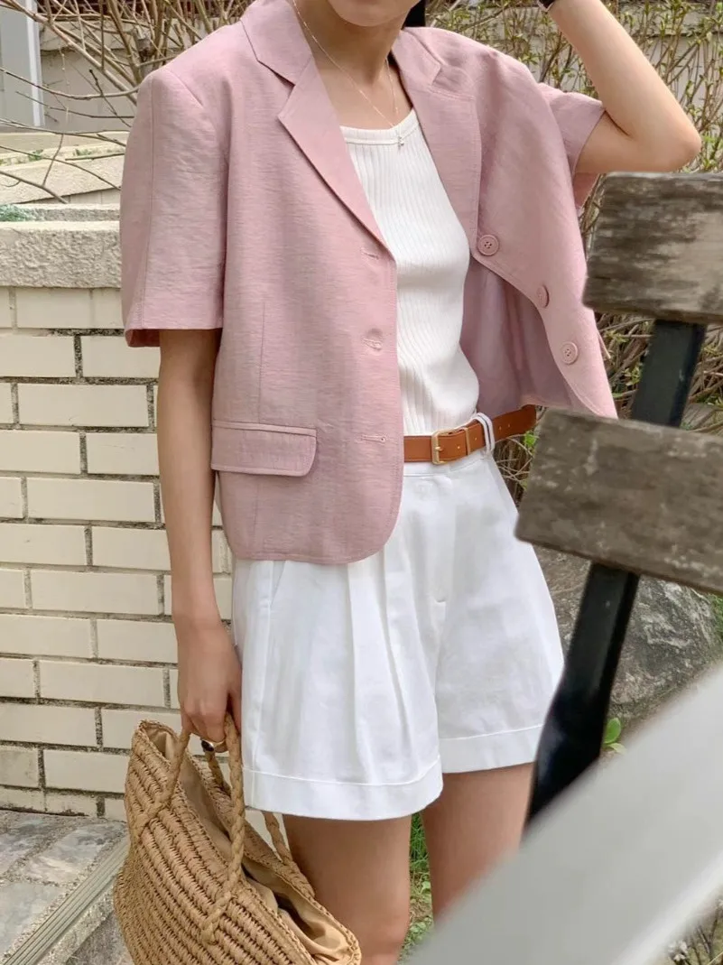 

Chic Summer Vintage Loose Fit ort Sve Suit Jaet Women's Single Button Pure Color Straight Tube Single Piece 2025 Summer