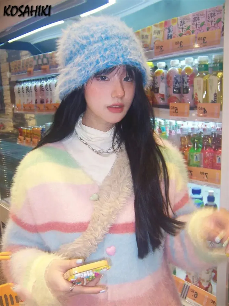 Rainbow Cashmere Women Knitted Cardigan 2024 Spring Korean Fashion Striped Harajuku Sweater Y2k Aesthetic Soft Sweet Tops