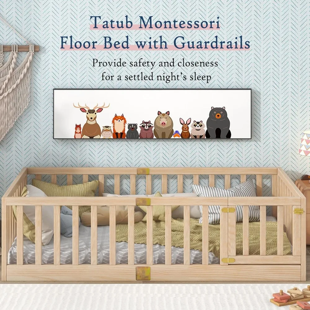 Montessori Twin Floor Bed with Safety Guardrails, Door Installs Left or Right, Wood Frame - Nature