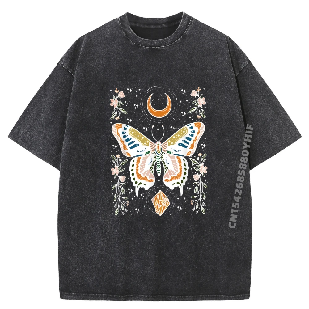 

Мистическая бабочка, ведьма, топы и футболки с цветочным принтом в стиле бохо, футболка с ретро-графикой, повседневные мужские топы, футболки, классическая стираная одежда