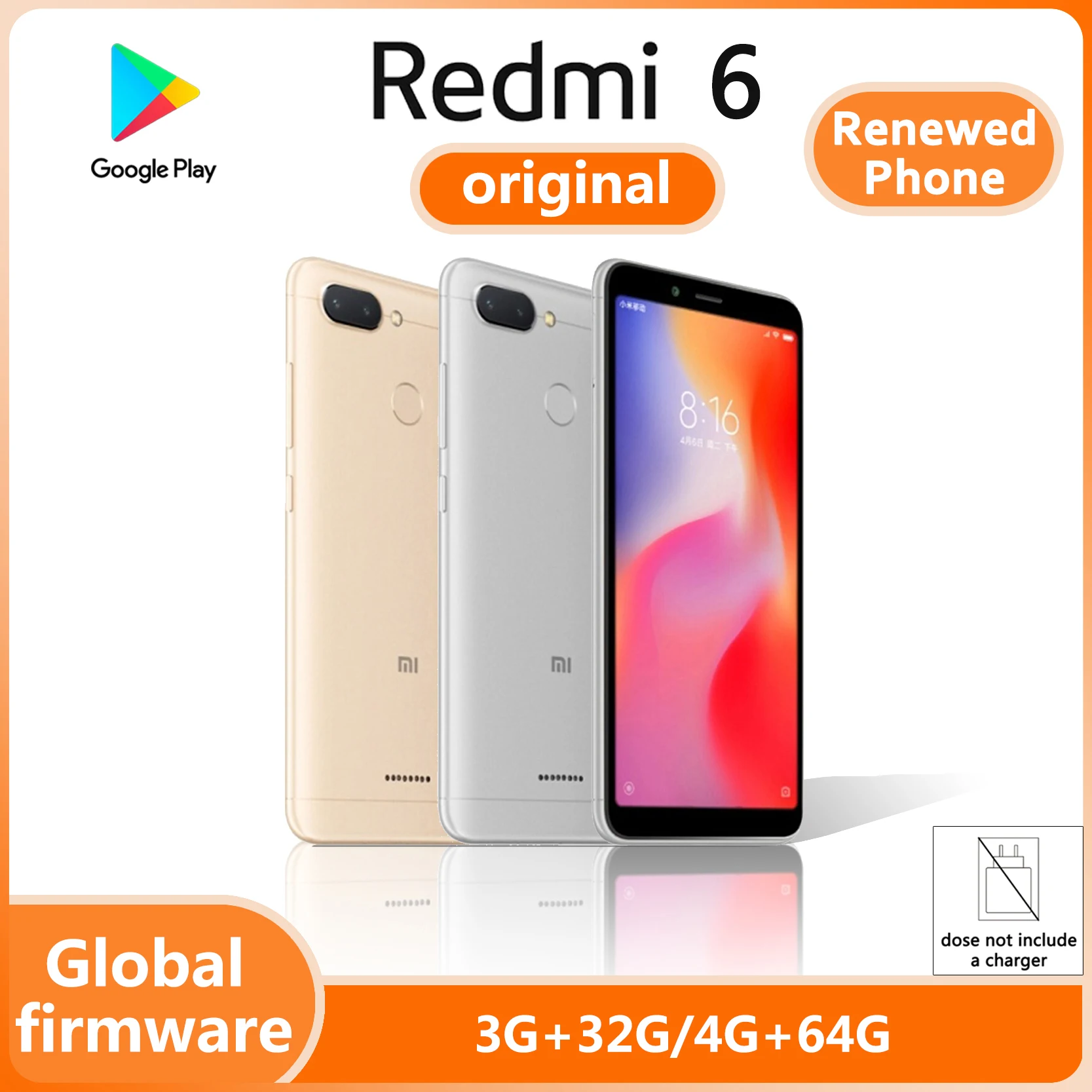 Telefono rinnovato Xiaomi Redmi 6 4G LTE GSM sbloccato Doppia fotocamera da 12 MP (Dual SIM) (Helio P22) (Oro globale/Grigio) senza caricabatterie
