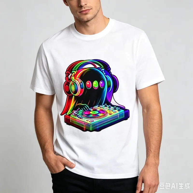Neon DJ Ghost Men’s Rainbow Music Graphic T-Shirt Soft Modal Casual Tee for EDM Party Festival Fan Birthday Streetwear Gift