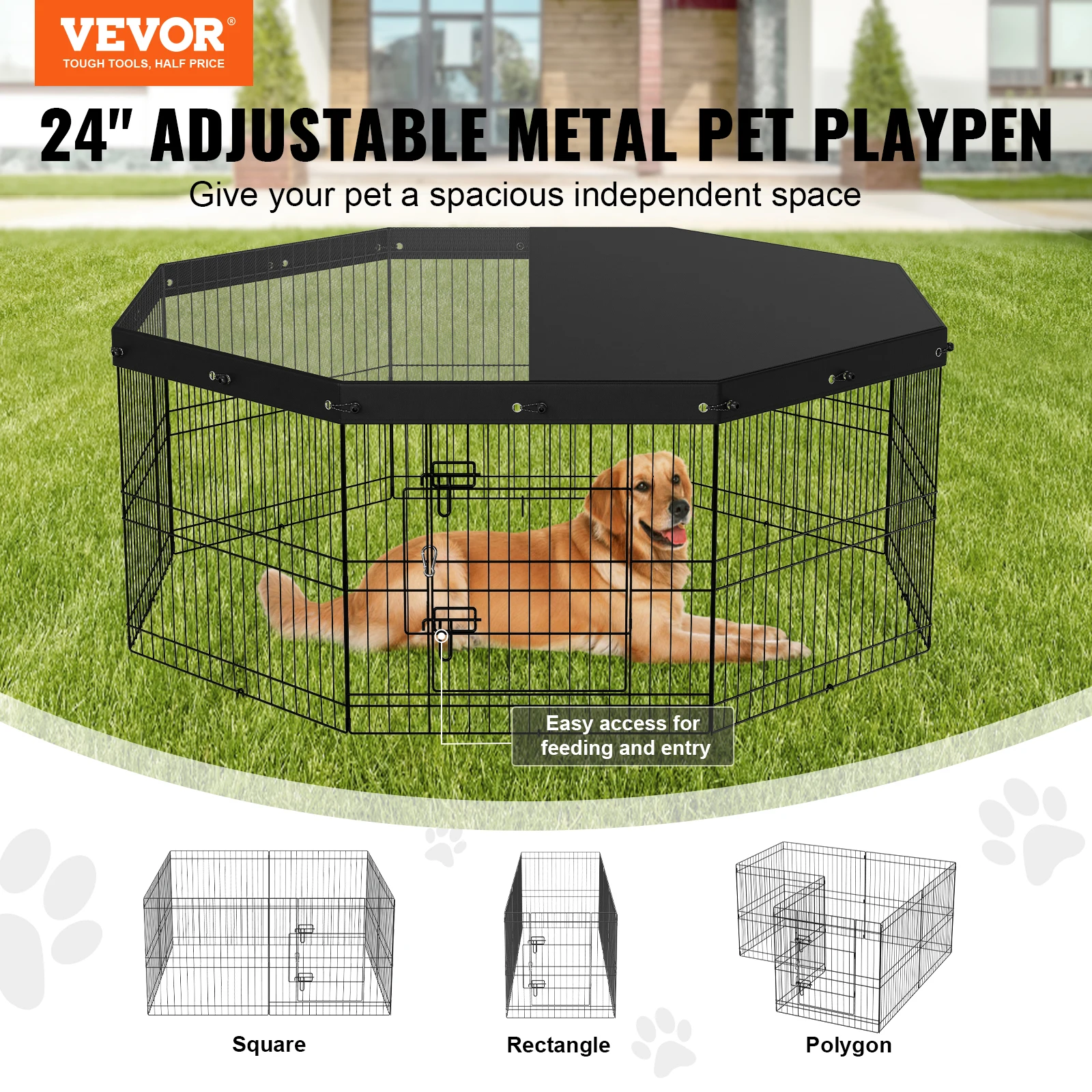 VEVOR Dog Playpen 8 Panels Foldable Metal Dog Exercise Pen Pet Fence with Bottom Pad Cover for Puppy Outdoor Camping Yard Kennel