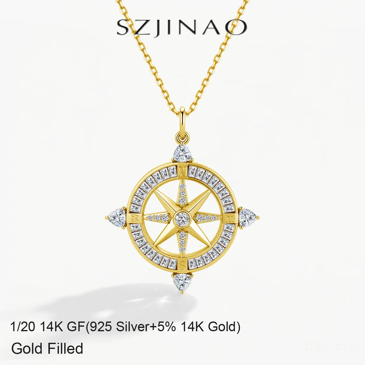 Good Lucky Compass Necklace 14K Gold Filled Fat Triangle Moissanite Starburst Pendant Waterproof Mother’s Day Gifts for Women