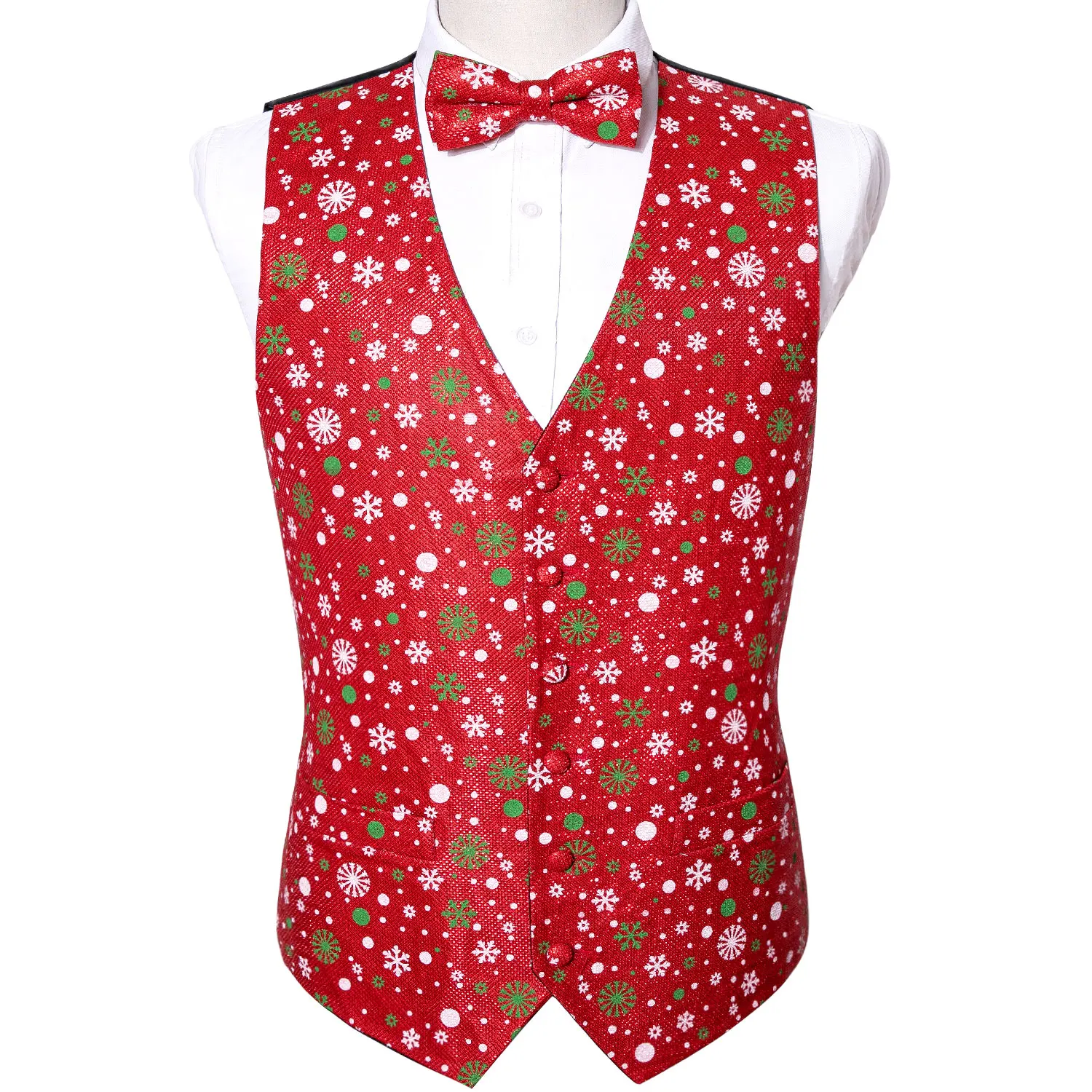 Designer Christmas Vest for Men Red Green White Gold Snowflake Santa Claus Elk Waistcoat Tie Bowtie Set Party Barry Wang