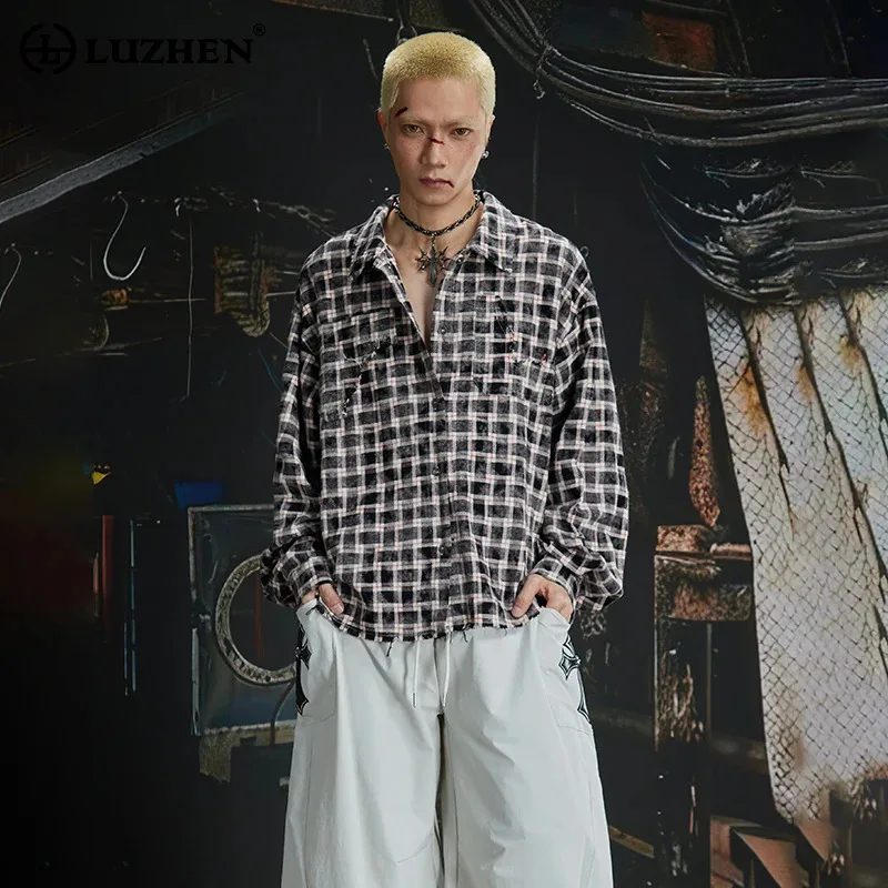 LUZHEN Long 2026 New Fashion Plaid Printed Embroidery Pattern Sleeve Shirts Men's Handsome Loose Casual Male Tops Clothes JY9151