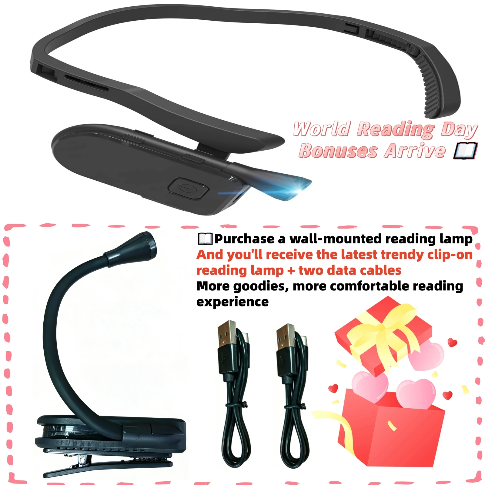 Luz de Lectura Viral para el Día Mundial del Libro 23 de Abril | Compre una lámpara colgante y obtenga una lámpara de lectura tipo clip + 2 cables gratis, un gran regalo para los amantes de los libros