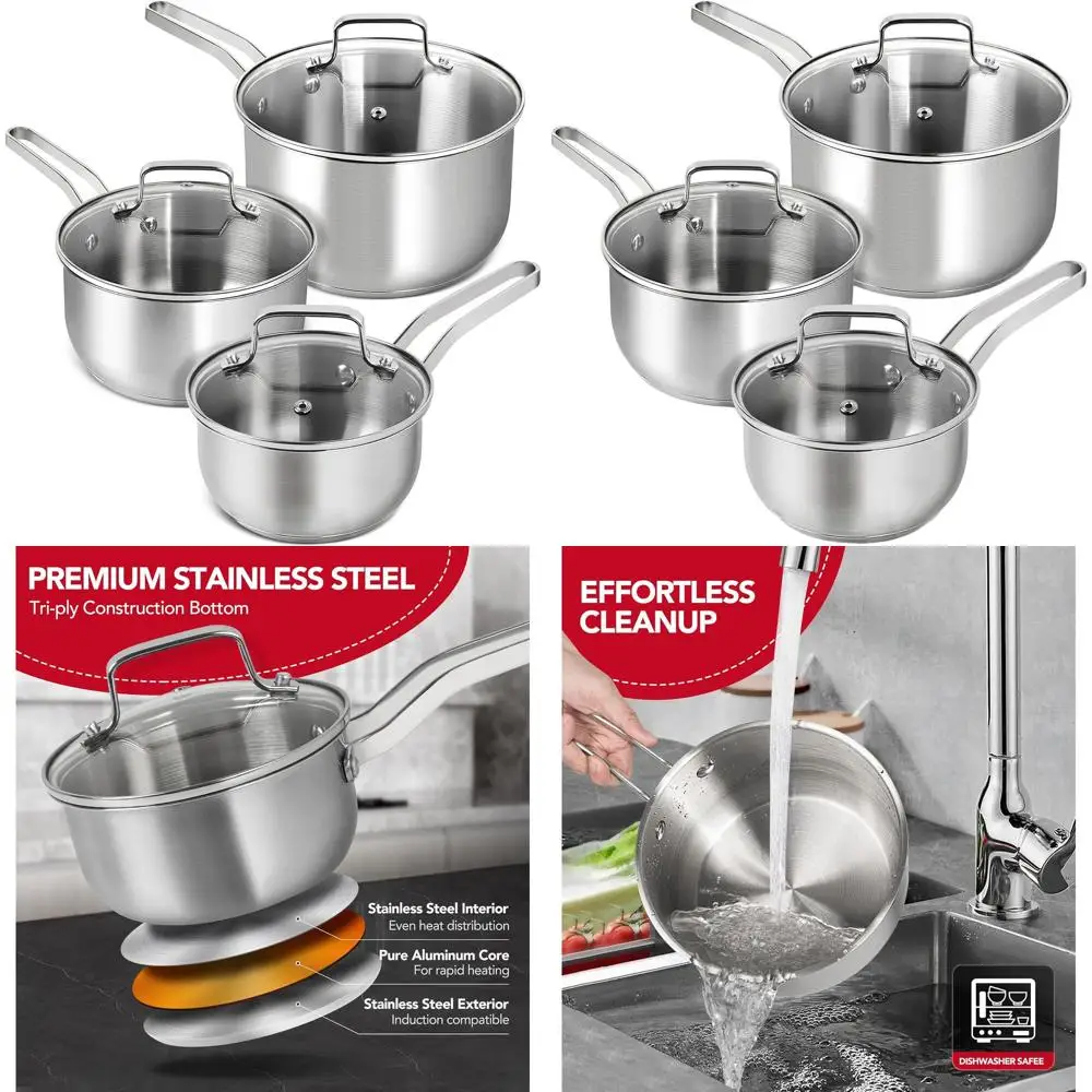 

3-Piece Stainless Steel Pot Set: 1QT, 2QT, & 3QT Saucepans with Lids for Induction Cooking