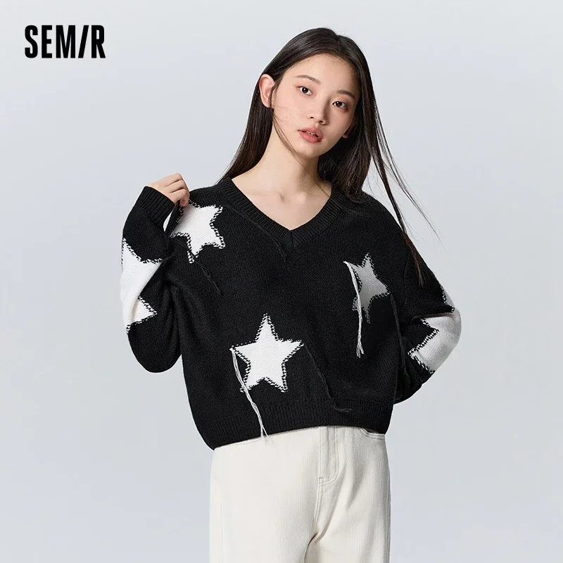 Semir Sweater Women Short Style Five-Pointed Star Sweater Winter Loose Style V-Neck Niche Trendy Sweater