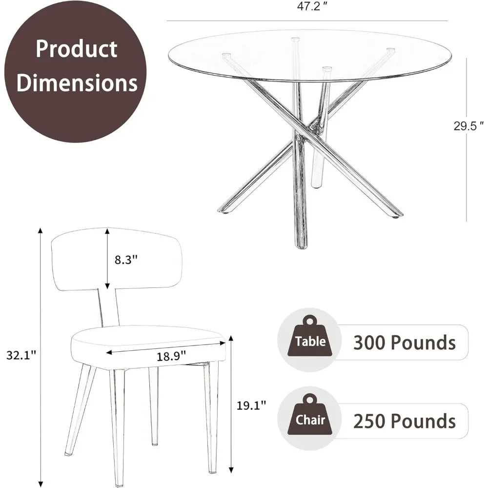 5 PCS Dining Room Table Set, 47'' Round Tempered Glass Tables with 4 Boucle Dinings Chairs, Mid-Century Modern Dining Table Set