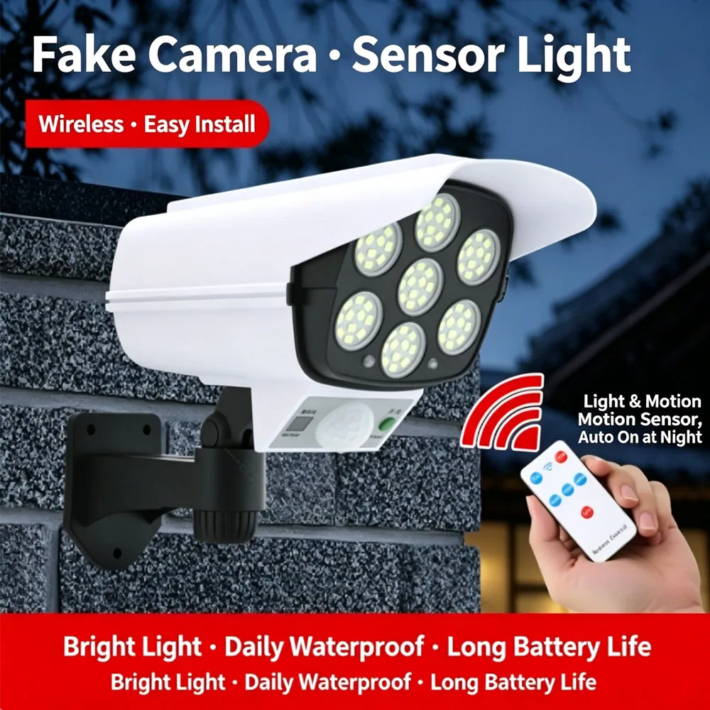 Solar Dummy Camera Security Light Motion Sensor Activated LED Lamp Remote Waterproof Fake Camera Light Outdoor Wall Mount Home