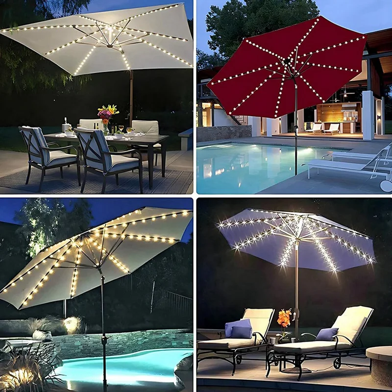 Nuove luci per ombrellone solari con telecomando, lampada per ombrellone a LED per patio ad energia solare con clip per giardino, 8 modalità 104 LED