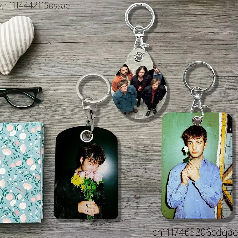 Rock Band F-Fontaines Dc Leather Keychain Card Holder For Airtag & Access Cards Modern Bus Pass
