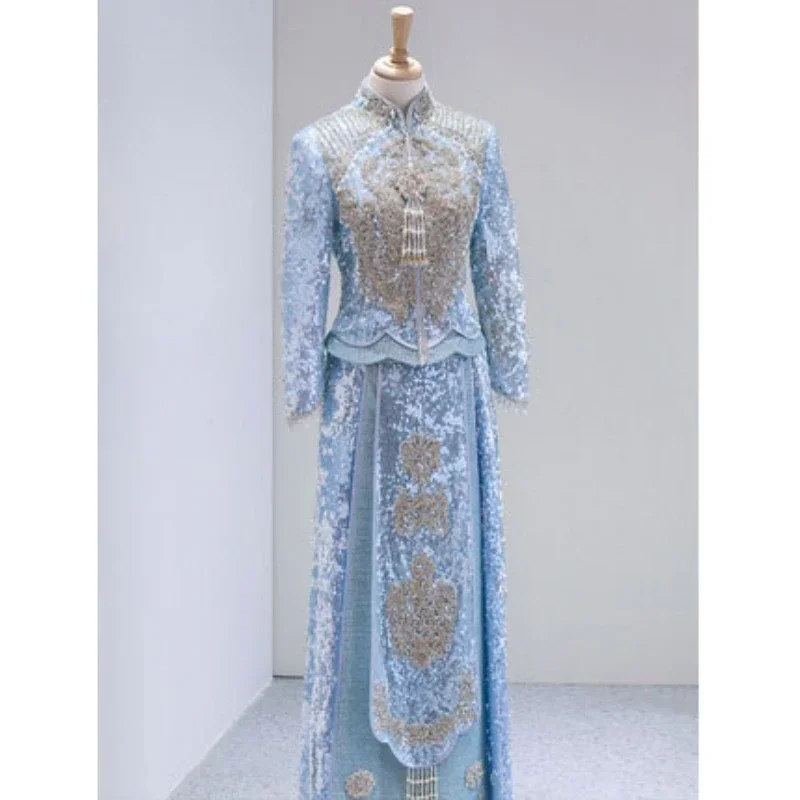 

2024 Refined Blue Phoenix Embroidery Cheongsam Chinese Wedding Style Bride Dress Elegant Marriage Toast Clothing Evening Gown