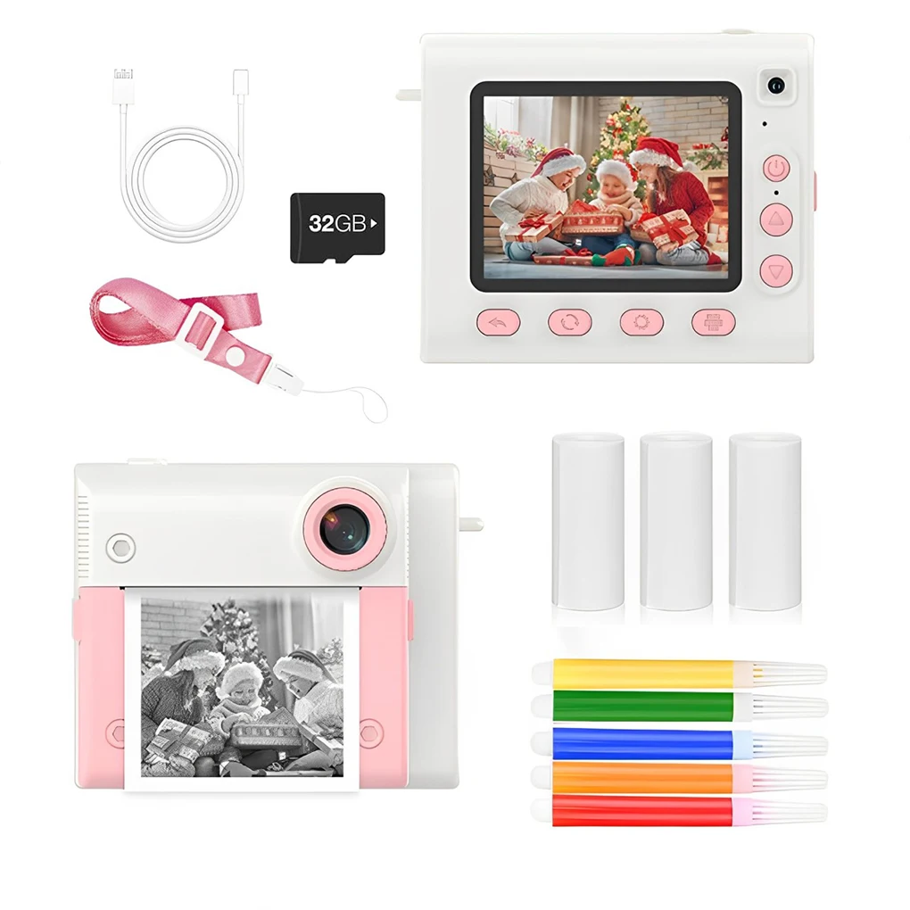 

ABS Kids Camera Children Camera Digital Camera Instant Digital Cameras With Print Paper 32GB Card Pink