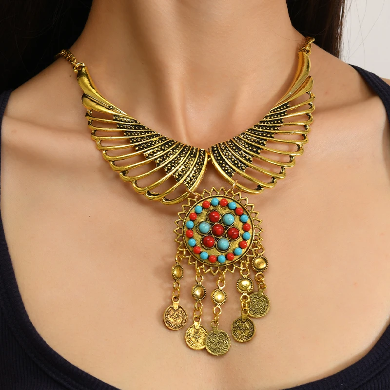 1 PCS Ethnic Elaborate Winged Necklace Vintage Coin Tassel with Turquoise Red Stone Bohemian Chic Jewelry