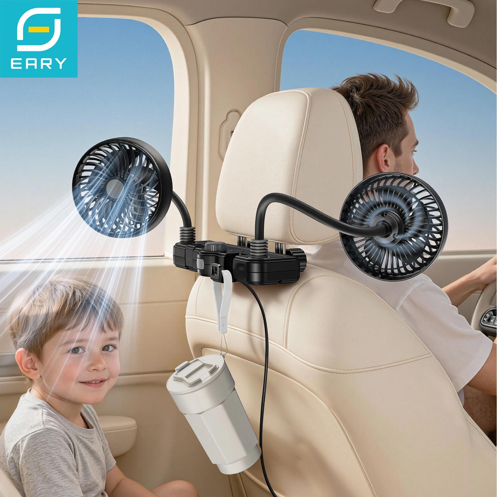 

Eary USB Plug Car Cooling Fans for Backseat Car Dual Head Fan for Kids 360°Rotation Vehicle Rear Headrest Fan With Hooks for Car