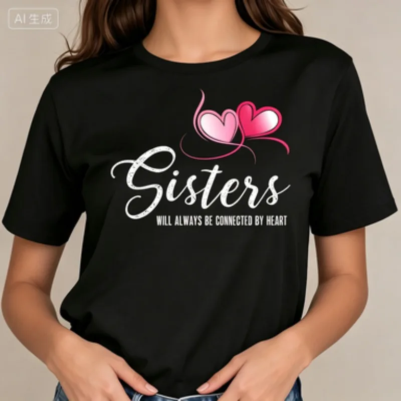 Women Modal Crew Neck T‑Shirt Sisters Connected By Heart Gradient Heart Graphic Print Family Love Inspirational Casual Short