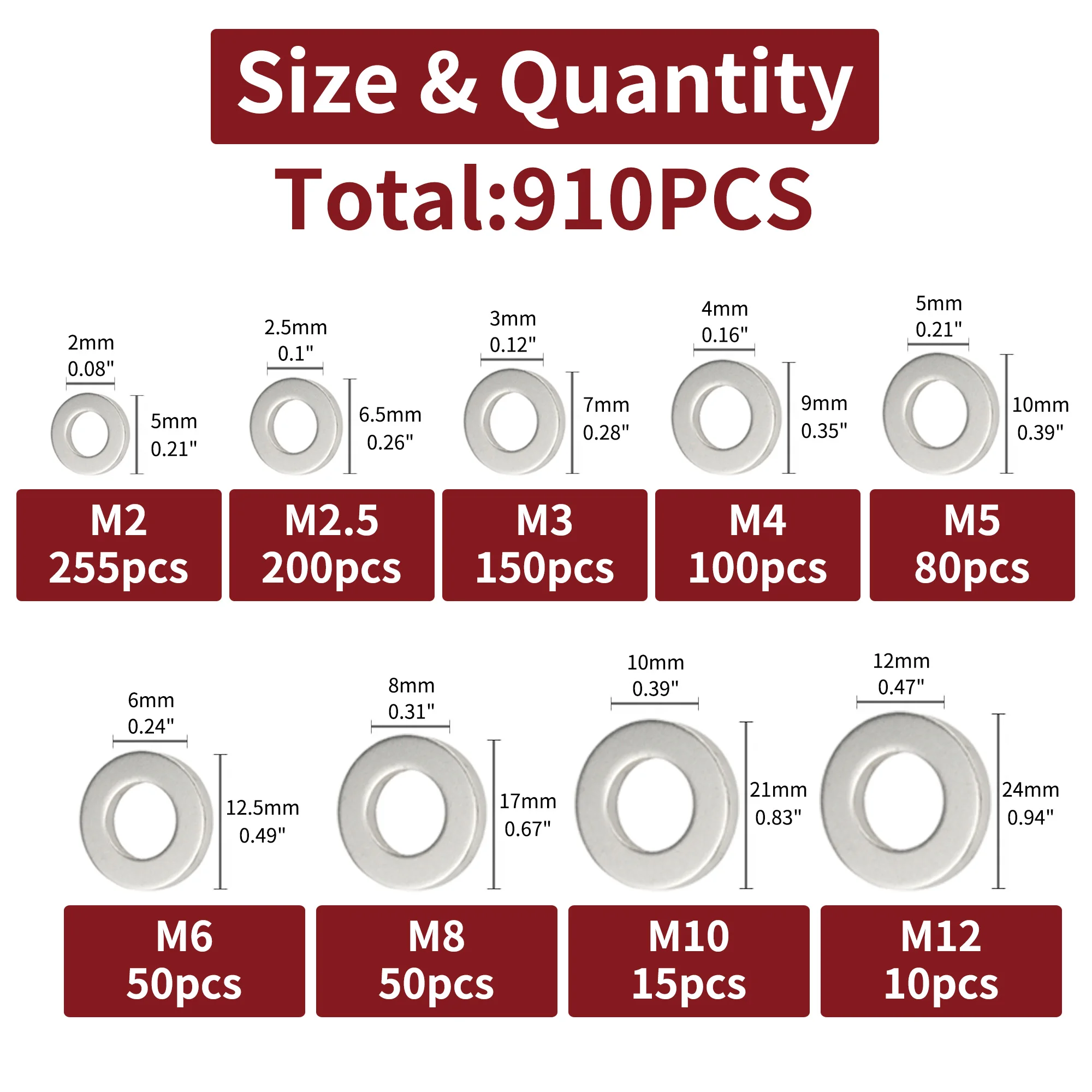 Kit surtido de arandelas planas de acero inoxidable 304, 910 piezas, 9 tamaños (M2 M2.5 M3 M4 M5 M6 M8 M10 M12), adecuado para decoración del hogar