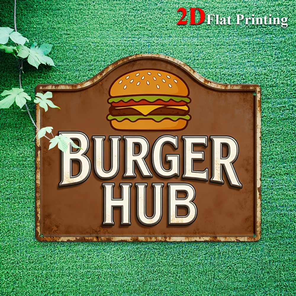 2D Flat - 1pc, Featuring A Vintage 'Burger Hub' Art Print With A Hamburger Illustration, Ideal For Decorating Kitchens, Bars
